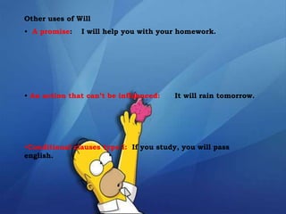 Other uses of Will
• A promise: I will help you with your homework.
• An action that can’t be influenced: It will rain tomorrow.
•Conditional clauses type I: If you study, you will pass
english.
 