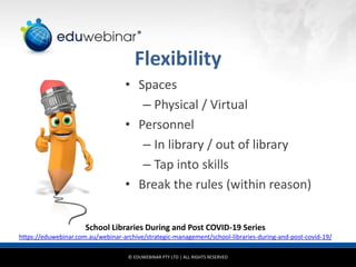 © EDUWEBINAR PTY LTD | ALL RIGHTS RESERVED
®
Flexibility
• Spaces
– Physical / Virtual
• Personnel
– In library / out of library
– Tap into skills
• Break the rules (within reason)
School Libraries During and Post COVID-19 Series
https://eduwebinar.com.au/webinar-archive/strategic-management/school-libraries-during-and-post-covid-19/
 