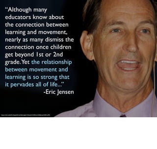 “Although many
educators know about
the connection between
learning and movement,
nearly as many dismiss the
connection once children
get beyond 1st or 2nd
grade.Yet the relationship
between movement and
learning is so strong that
it pervades all of life...”
-Eric Jensen
https://cdn.media34.whipplehill.net/ftpimages/123/push/21505/eric%20Jensen%20(1).JPG
 
