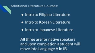 ● Intro to Filipino Literature
● Intro to Korean Literature
● Intro to Japanese Literature
All three are for native speakers
and upon completion a student will
move into Language A in IB.
Additional Literature Courses:
 