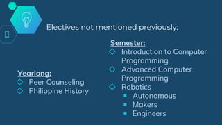 Semester:
◇ Introduction to Computer
Programming
◇ Advanced Computer
Programming
◇ Robotics
￭ Autonomous
￭ Makers
￭ Engineers
Electives not mentioned previously:
Yearlong:
◇ Peer Counseling
◇ Philippine History
 