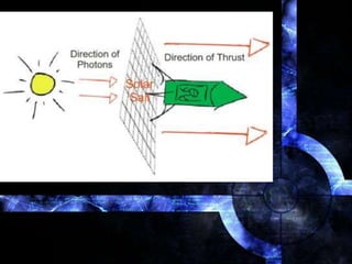 • It offers the possibility of low cost operations.
• Solar pressure affects almost every objects in
the universe.
• A typical spacecraft going to Mars, for example,
will be displaced by thousands of kilometers by
solar pressure.
• For using this energy effectively “solar sails”
theory is formed.
 