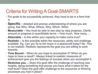 Criteria for Writing A Goal-SMARTS
• For goals to be successfully achieved, they have to be in a form that
is
• Specific – detailed and precise understanding of where you are
going. Ask Who, What, Where, Why, Which, When
• Measurable – You must be able to see step by step progress. Clarify
amount or progress in quantifiable terms – How much, How many….
• Attainable – Is this within your capacity to make come true?
• Realistic – Is this possible within the resources, ability and challenge
available. Eg. Can you fly to the moon in a spacecraft today? No. This
is not realistic. Realistic represents the goal you are willing to work
towards.
• Time Bound – When do you hope to accomplish it? When do you
hope to have a result?. Always linked to realistic measures of
achievement give you the feelings of success when you accomplish it.
• Stretches you. – Does this goal offer the challenge of reaching new
heights, doing something that proves you have what it takes for the
next level? Does the goal offer challenge to the resources or thinking
processes you had in place?
 