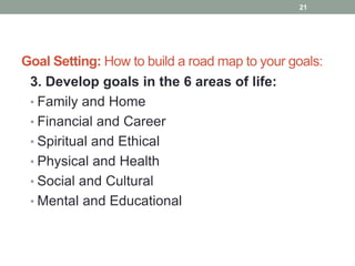 Goal Setting: How to build a road map to your goals:
3. Develop goals in the 6 areas of life:
• Family and Home
• Financial and Career
• Spiritual and Ethical
• Physical and Health
• Social and Cultural
• Mental and Educational
21
 