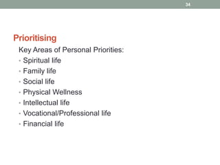 Prioritising
Key Areas of Personal Priorities:
• Spiritual life
• Family life
• Social life
• Physical Wellness
• Intellectual life
• Vocational/Professional life
• Financial life
34
 