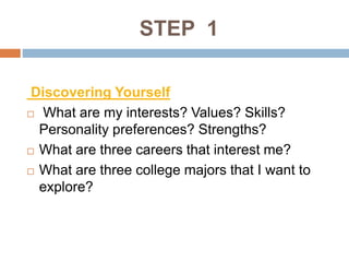 STEP 1
Discovering Yourself
 What are my interests? Values? Skills?
Personality preferences? Strengths?
 What are three careers that interest me?
 What are three college majors that I want to
explore?
 