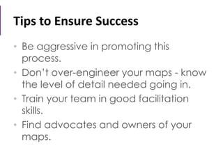 Tips to Ensure Success
• Be aggressive in promoting this
process.
• Don’t over-engineer your maps - know
the level of detail needed going in.
• Train your team in good facilitation
skills.
• Find advocates and owners of your
maps.
 