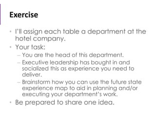 Exercise
• I’ll assign each table a department at the
hotel company.
• Your task:
– You are the head of this department.
–...