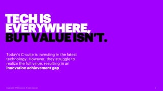 TECHIS
EVERYWHERE,
BUTVALUEISN’T.
Copyright © 2019 Accenture. All rights reserved. 2
Today’s C-suite is investing in the latest
technology. However, they struggle to
realize the full value, resulting in an
innovation achievement gap.
 
