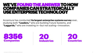 WE’VEFOUNDTHEANSWERTOHOW
COMPANIESCANSTRATEGICALLY
USEENTERPRISETECHNOLOGY
Copyright © 2019 Accenture. All rights reserved. 3
8356Companies
20Industries
20Countries
Accenture has conducted its largest enterprise systems survey ever,
studying both “Leaders,” who are building Future Systems, and
“Laggards,” who are investing in—but not scaling—innovation.
 