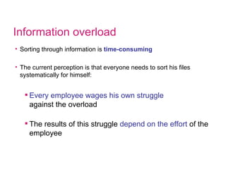 Information overload Sorting through information is  time-consuming The current perception is that everyone needs to sort his files systematically for himself: Every employee wages his own struggle  against the overload The results of this struggle  depend on the effort  of the employee 