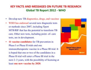 KEY FACTS AND MESSAGES ON FUTURE TB RESEARCH
Global TB Report 2012 - WHO
• Develop new TB diagnostics, drugs, and vaccines
• WHO has endorsed several new diagnostic tests
or methods since 2007, including Xpert
MTB/RIF that has the potential to transform TB
care. Other new tests, including point- of- care
tests, are in development.
• 11 vaccine candidates for TB prevention in
Phase I or Phase II trials and one
immunotherapeutic vaccine in a Phase III trial. It
is hoped that one or two of the candidates in a
Phase II trial will enter a Phase III trial in the
next 2–3 years, with the possibility of licensing at
least one new vaccine by 2020.
• Develop new TB diagnostics, drugs, and vaccines
• WHO has endorsed several new diagnostic tests
or methods since 2007, including Xpert
MTB/RIF that has the potential to transform TB
care. Other new tests, including point- of- care
tests, are in development.
• 11 vaccine candidates for TB prevention in
Phase I or Phase II trials and one
immunotherapeutic vaccine in a Phase III trial. It
is hoped that one or two of the candidates in a
Phase II trial will enter a Phase III trial in the
next 2–3 years, with the possibility of licensing at
least one new vaccine by 2020.
 
