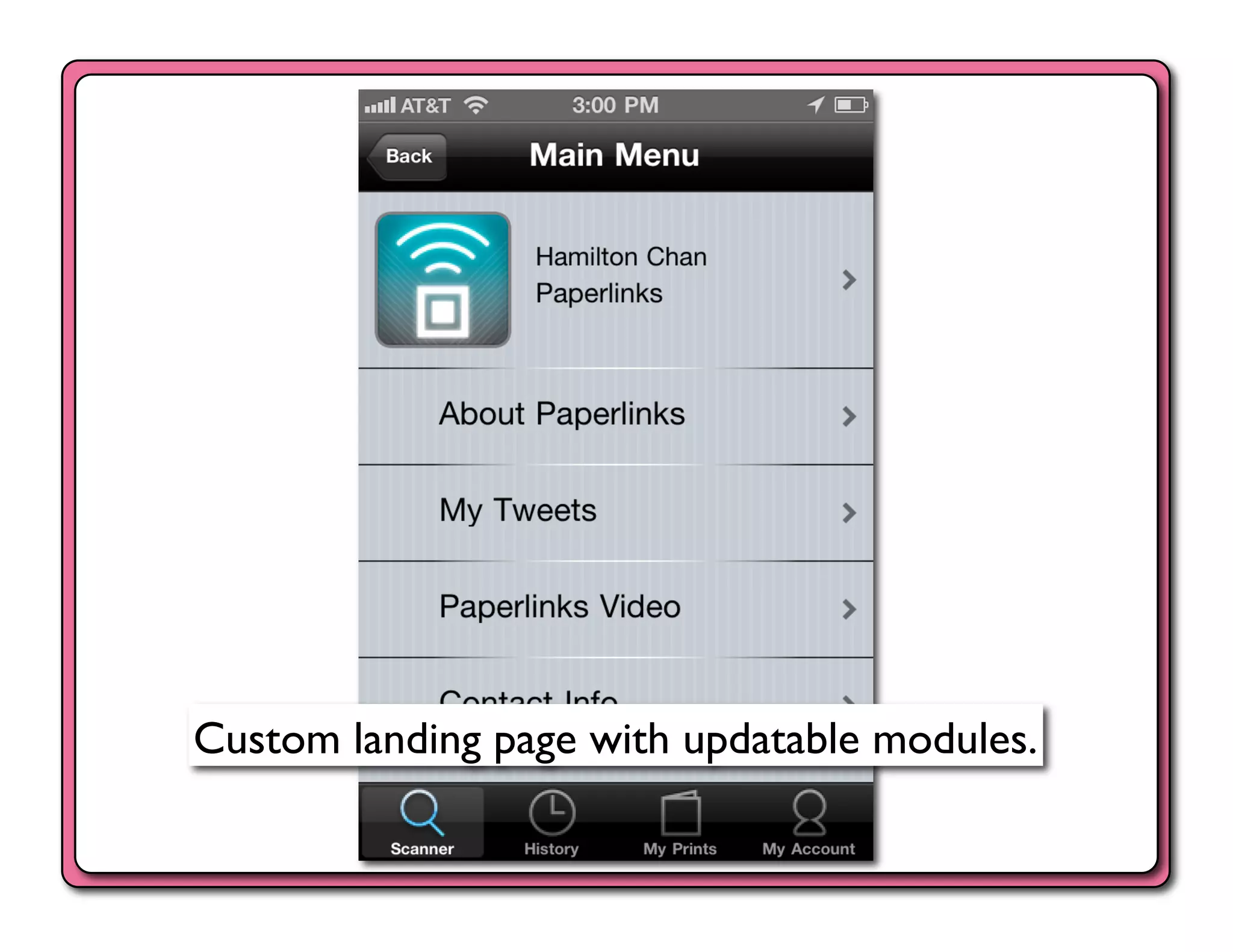 Custom landing page with updatable modules.	

 