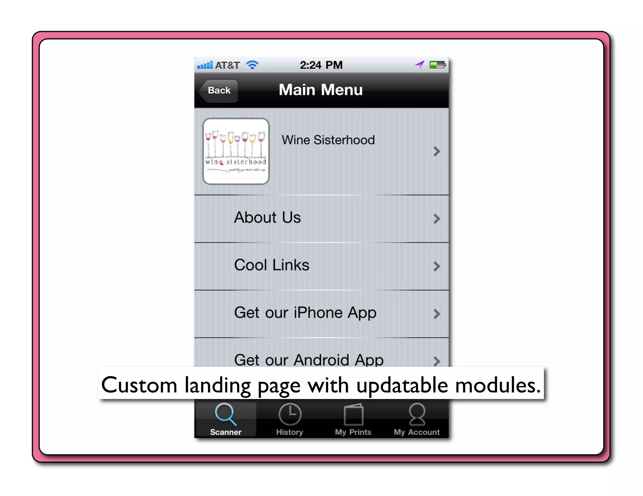 Custom landing page with updatable modules.	

 