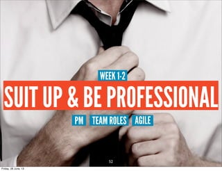 SUIT UP & BE PROFESSIONAL
WEEK 1-2
PM TEAM ROLES AGILE
52
Friday, 28 June, 13
 