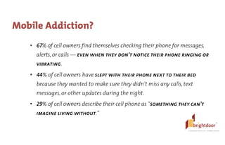 ©	
  BrightDoor	
  Systems,	
  Inc.	
  |	
  All	
  Rights	
  Reserved
Mobile Addiction?
• 67% of cell owners find themselves checking their phone for messages,
alerts, or calls — even when they don’t notice their phone ringing or
vibrating.
• 44% of cell owners have slept with their phone next to their bed
because they wanted to make sure they didn’t miss any calls, text
messages, or other updates during the night.
• 29% of cell owners describe their cell phone as “something they can’t
imagine living without.”
 