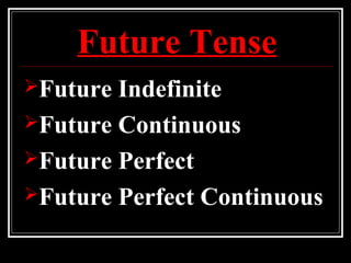 Future Tense
Future Indefinite
Future Continuous
Future Perfect
Future Perfect Continuous
 