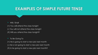 EXAMPLES OF SIMPLE FUTURE TENSE
 Will / Shall
(+) You will attend the class tonight
(-) You will not attend the class tonight
(?) Will you attend the class tonight?
 To Be Going To
(+) He is going to start a new job next month
(-) He is not going to start a new job next month
(?) Is he going to start a new job next month?
 