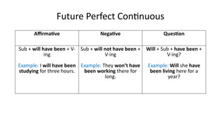 Future Perfect Continuous
Affirmative Negative Question
Sub + will have been + V-
ing
Example: I will have been
studying for three hours.
Sub + will not have been +
V-ing
Example: They won’t have
been working there for
long.
Will + Sub + have been +
V-ing?
Example: Will she have
been living here for a
year?
 