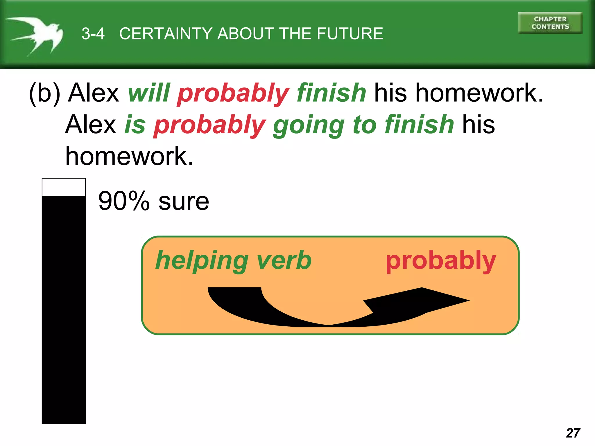 3-4 CERTAINTY ABOUT THE FUTURE

(b) Alex will probably finish his homework.
Alex is probably going to finish his
homework.
90% sure
helping verb

probably

27

 
