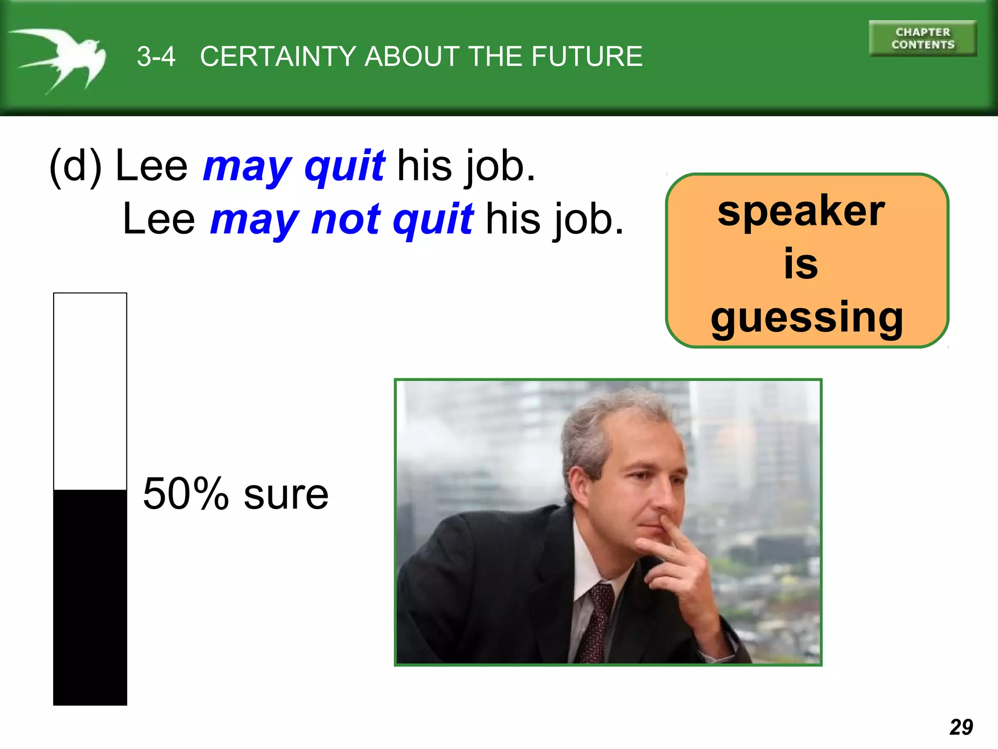3-4 CERTAINTY ABOUT THE FUTURE

(d) Lee may quit his job.
Lee may not quit his job.

speaker
is
guessing

50% sure

29

 