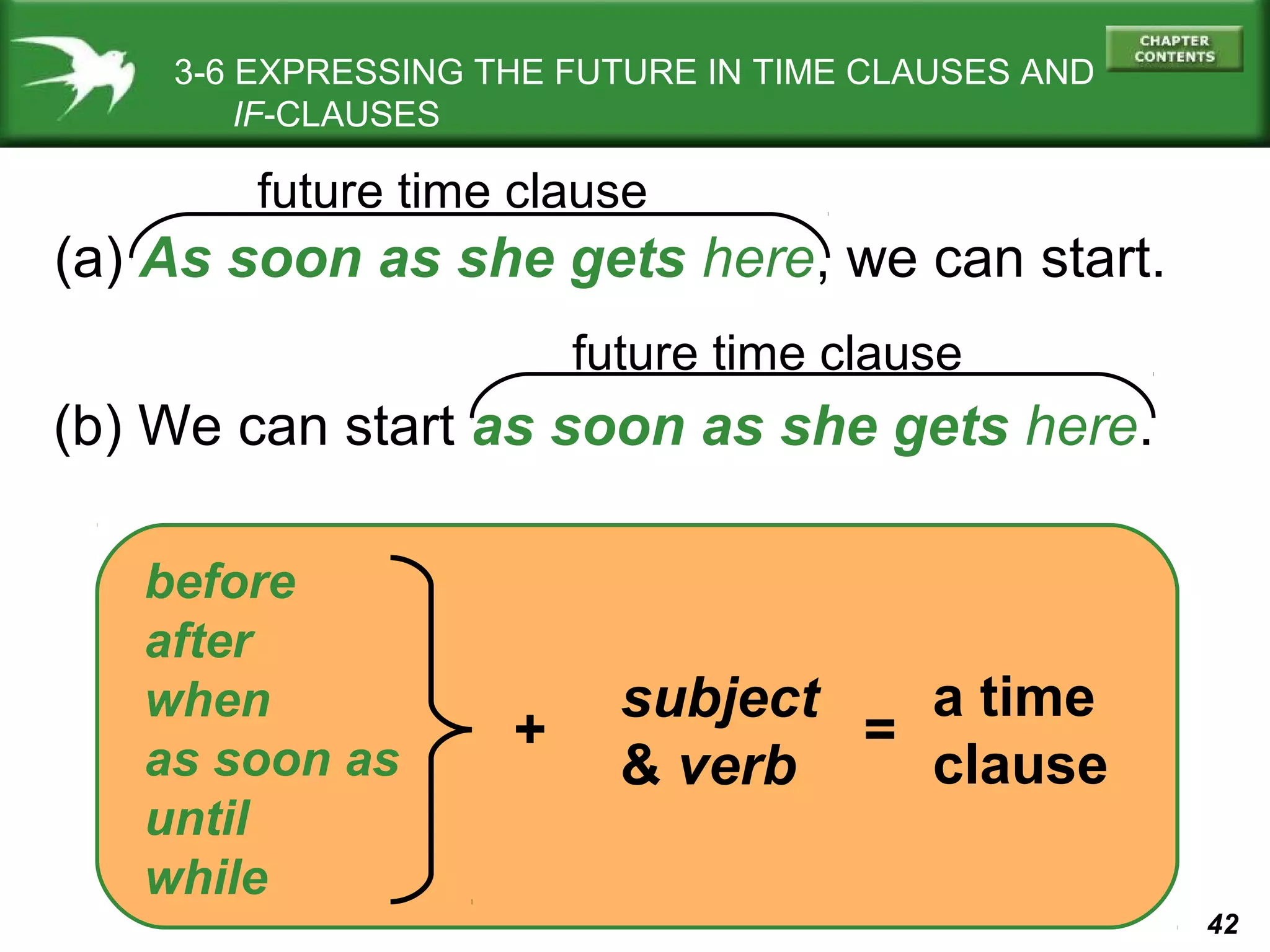 3-6 EXPRESSING THE FUTURE IN TIME CLAUSES AND
IF-CLAUSES

future time clause

(a) As soon as she gets here, we can start.
future time clause

(b) We can start as soon as she gets here.
before
after
when
as soon as
until
while

+

a time
subject
=
clause
& verb
42

 
