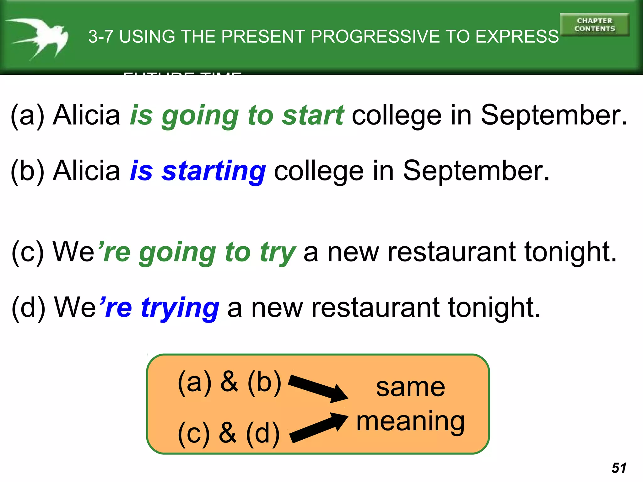 3-7 USING THE PRESENT PROGRESSIVE TO EXPRESS
FUTURE TIME

(a) Alicia is going to start college in September.
(b) Alicia is starting college in September.
(c) We’re going to try a new restaurant tonight.
(d) We’re trying a new restaurant tonight.
(a) & (b)
(c) & (d)

same
meaning
51

 