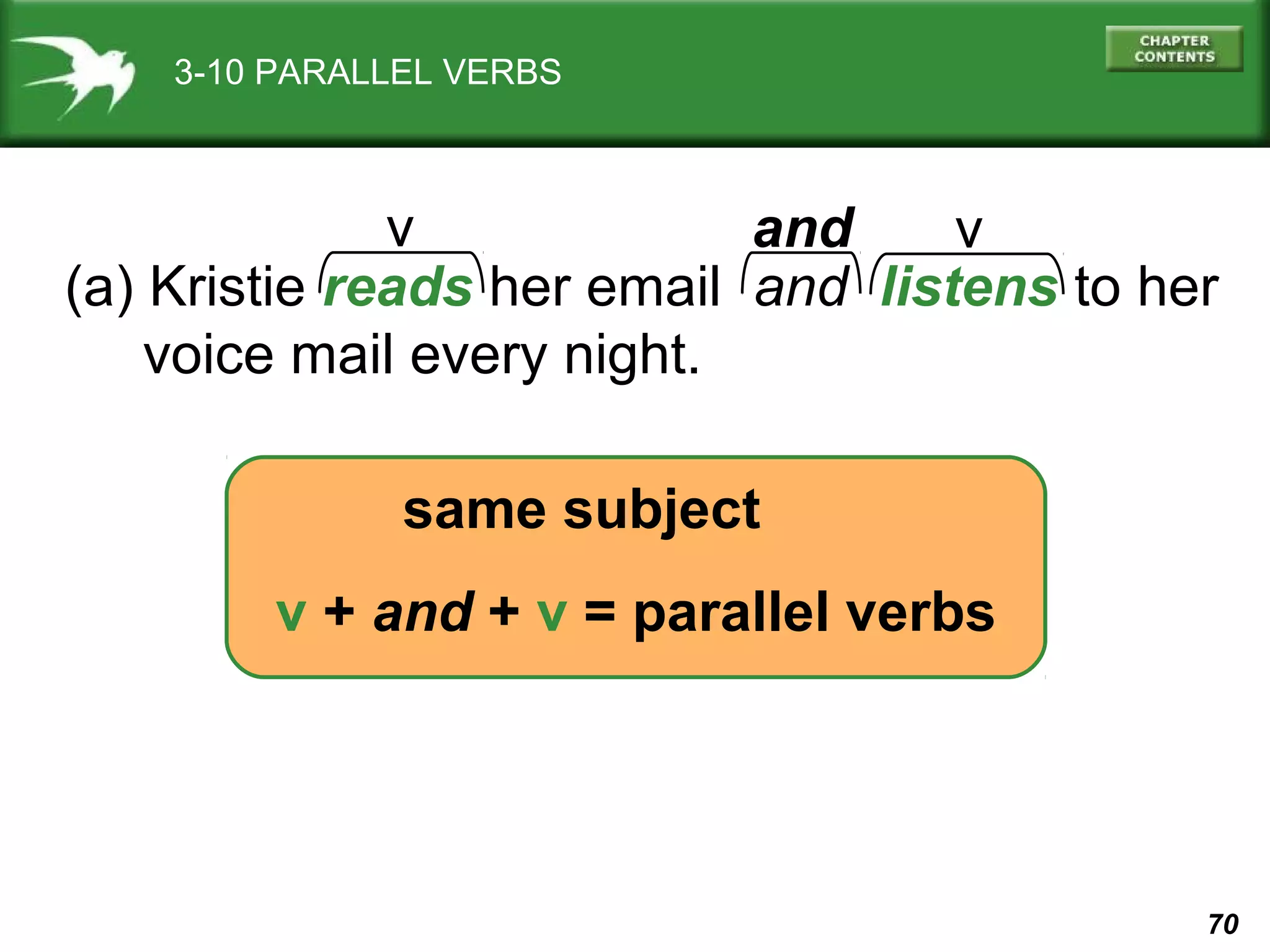 3-10 PARALLEL VERBS

v
and
v
(a) Kristie reads her email and listens to her
voice mail every night.
same subject
v + and + v = parallel verbs

70

 