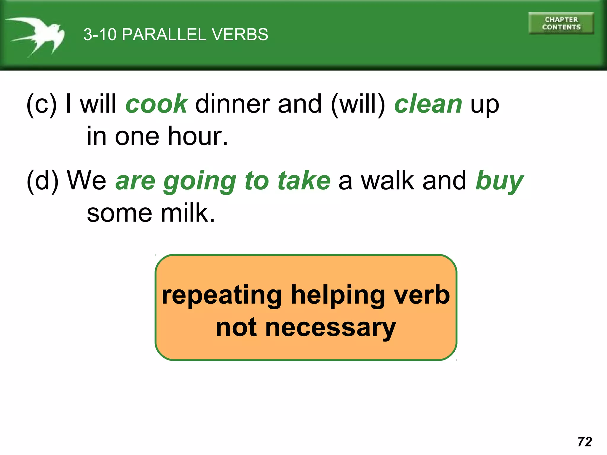 3-10 PARALLEL VERBS

(c) I will cook dinner and (will) clean up
in one hour.
(d) We are going to take a walk and buy
some milk.
repeating helping verb
not necessary

72

 