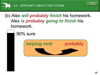 3-4 CERTAINTY ABOUT THE FUTURE

(b) Alex will probably finish his homework.
Alex is probably going to finish his
homework.
90% sure
helping verb

probably

27

 