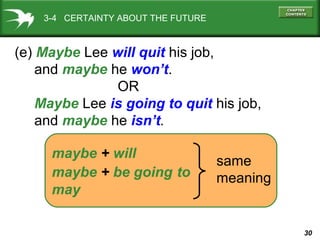 3-4 CERTAINTY ABOUT THE FUTURE

(e) Maybe Lee will quit his job,
and maybe he won’t.
OR
Maybe Lee is going to quit his job,
and maybe he isn’t.
maybe + will
maybe + be going to
may

same
meaning

30

 