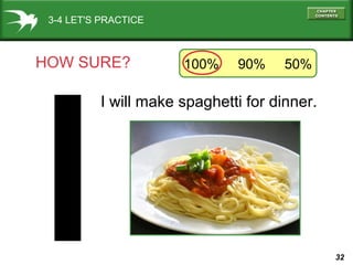 3-4 LET'S PRACTICE

HOW SURE?

100%

90%

50%

I will make spaghetti for dinner.

32

 