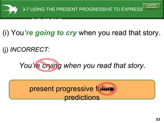 3-7 USING THE PRESENT PROGRESSIVE TO EXPRESS
FUTURE TIME

(i) You’re going to cry when you read that story.
(j) INCORRECT:

You’re crying when you read that story.
present progressive future
predictions
53

 