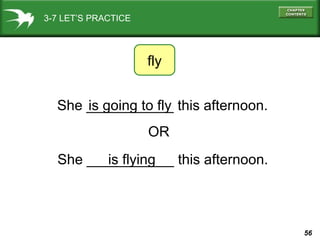 3-7 LET’S PRACTICE

fly
She ___________ this afternoon.
is going to fly
OR
She ___________ this afternoon.
is flying

56

 