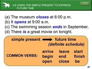 3-8 USING THE SIMPLE PRESENT TO EXPRESS
FUTURE TIME

(a) The museum closes at 6:00 p.m.
(b) It opens at 9:00 a.m.
(c) The swimming season ends in September.
(d) There is a great movie on tonight.
simple present

COMMON VERBS:

future time
(definite schedule)
arrive
begin
open

leave
end
close

start
finish
be
60

 