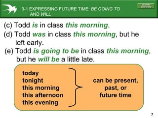 3-1 EXPRESSING FUTURE TIME: BE GOING TO
AND WILL

(c) Todd is in class this morning.
(d) Todd was in class this morning, but he
left early.
(e) Todd is going to be in class this morning,
but he will be a little late.
today
tonight
this morning
this afternoon
this evening

can be present,
past, or
future time
7

 
