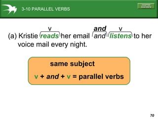 3-10 PARALLEL VERBS

v
and
v
(a) Kristie reads her email and listens to her
voice mail every night.
same subject
v + and +...