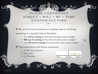 FUTURE CONTINUOUS

                        FUTURE CONTINUOUS
                     SUBJECT + WILL + BE + VERB
                         (CONTINUOUS FORM

              We use the Future Continuous to indicate that we will doing
             something in a specified time in the future.
                  • You will be waiting for her when her plane arrives tonight.
                  • Will you be waiting for her when her plane arrives tonight?
                  • You will not be waiting for her when her plane arrives tonight.
              Time expressions with Future continuous:
                  • At this time tomorrow
                  • Next week
                  • On Thursday




27/05/2012                                                                            8
 