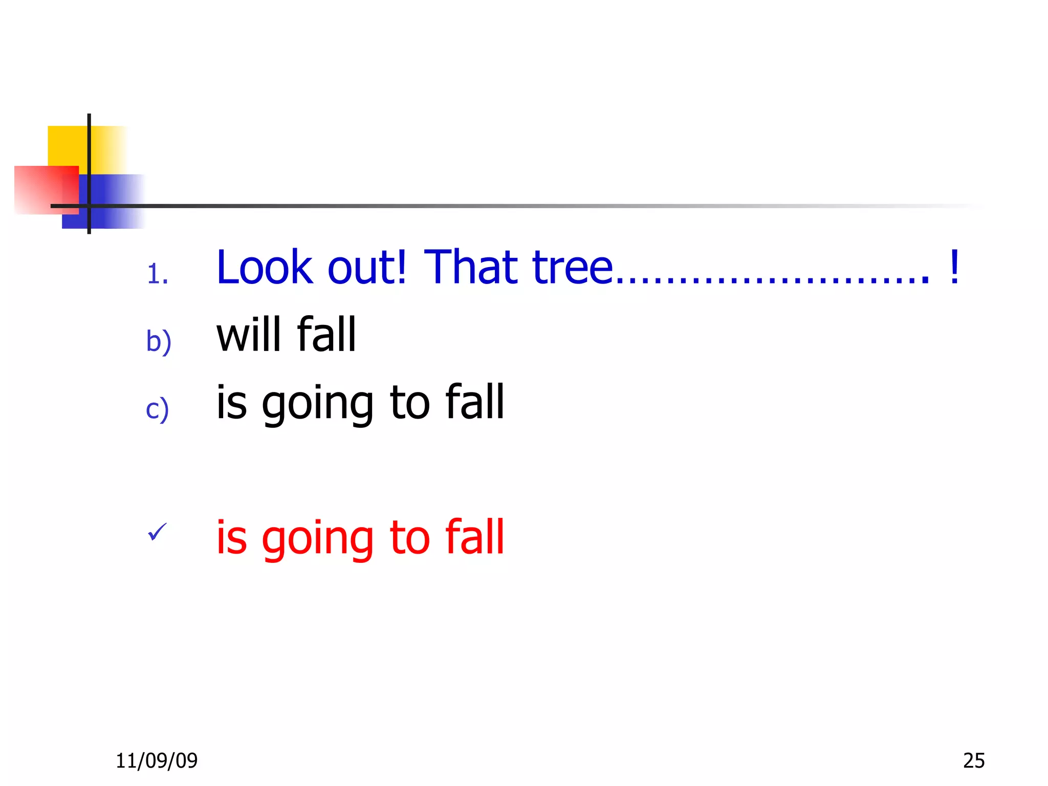 Look out! That tree……………………. ! will fall is going to fall is going to fall 