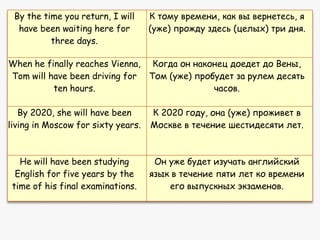 By the time you return, I will
have been waiting here for
three days.

К тому времени, как вы вернетесь, я
(уже) прожду здесь (целых) три дня.

When he finally reaches Vienna, Когда он наконец доедет до Вены,
Tom will have been driving for Том (уже) пробудет за рулем десять
ten hours.
часов.
By 2020, she will have been
living in Moscow for sixty years.

К 2020 году, она (уже) проживет в
Москве в течение шестидесяти лет.

He will have been studying
English for five years by the
time of his final examinations.

Он уже будет изучать английский
язык в течение пяти лет ко времени
его выпускных экзаменов.

 