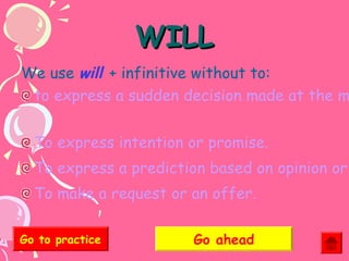 WILL

We use will + infinitive without to:
to express a sudden decision made at the m
To express intention or promise.
To express a prediction based on opinion or
To make a request or an offer.
Go to practice

Go ahead

 