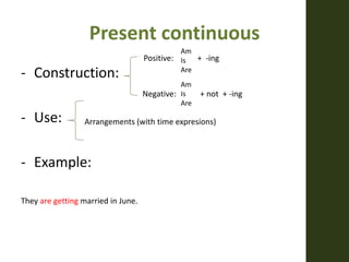 Present continuous
- Construction:
- Use:
- Example:
They are getting married in June.
Arrangements (with time expresions)
Positive: + -ing
Negative: + not + -ing
Am
Is
Are
Am
Is
Are
 