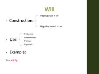 Will
- Construction:
- Use:
- Example:
Cars will fly.
Positive: will + inf
Negative: won´t + inf
Predictions
Instan decision
Promises
Sugestions
 