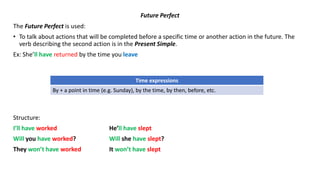 Future Perfect
The Future Perfect is used:
• To talk about actions that will be completed before a specific time or another action in the future. The
verb describing the second action is in the Present Simple.
Ex: She’ll have returned by the time you leave
Structure:
I’ll have worked He’ll have slept
Will you have worked? Will she have slept?
They won’t have worked It won’t have slept
Time expressions
By + a point in time (e.g. Sunday), by the time, by then, before, etc.
 