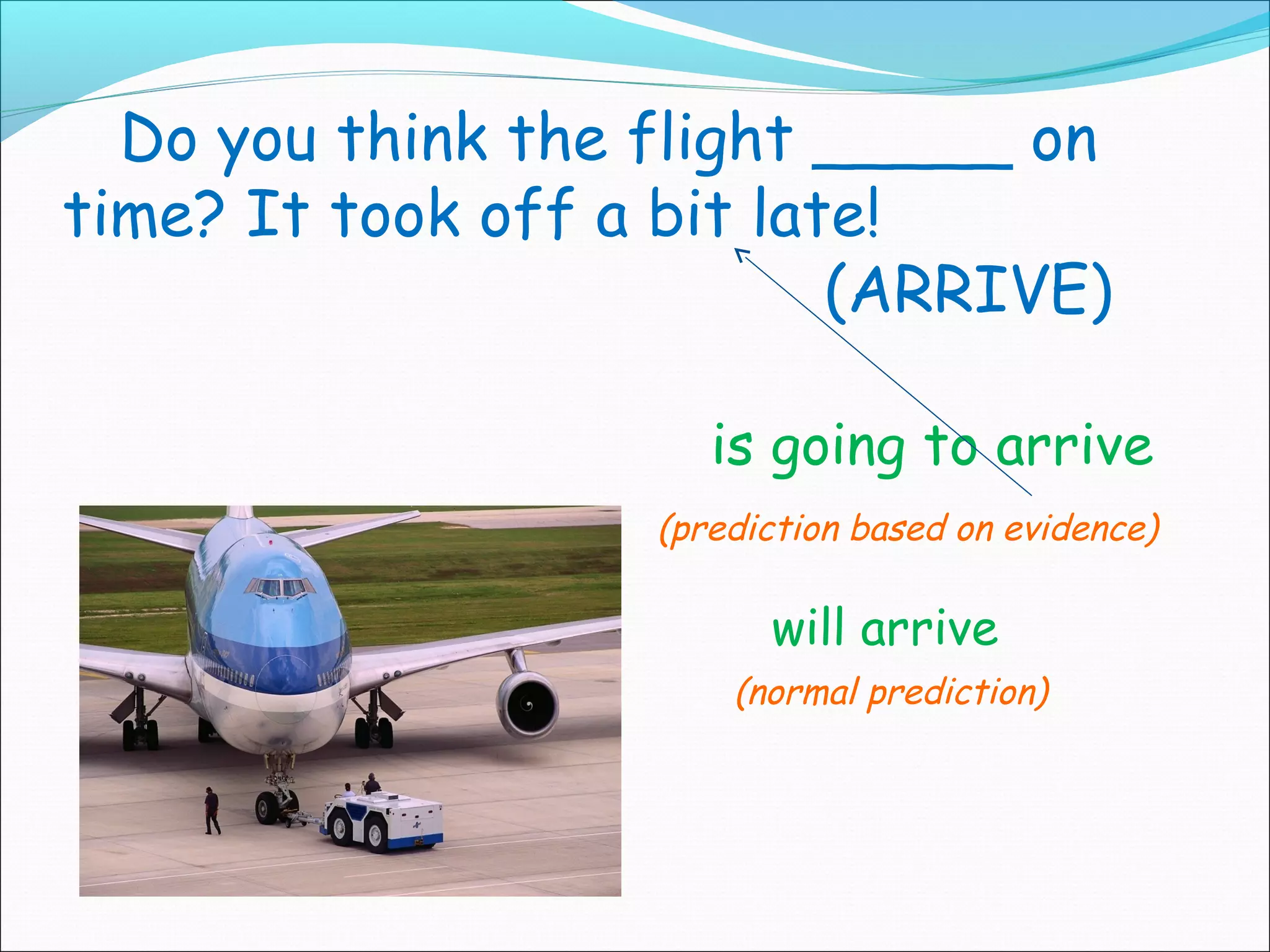 Do you think the flight _____ on
time? It took off a bit late!
                           (ARRIVE)

                      is going to arrive
                   (prediction based on evidence)

                         will arrive
                       (normal prediction)
 