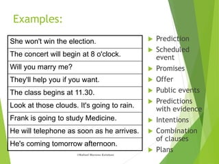 ©Rafael Moreno Esteban
Examples:
 Prediction
 Scheduled
event
 Promises
 Offer
 Public events
 Predictions
with evidence
 Intentions
 Combination
of clauses
 Plans
She won't win the election.
The concert will begin at 8 o'clock.
Will you marry me?
They'll help you if you want.
The class begins at 11.30.
Look at those clouds. It's going to rain.
Frank is going to study Medicine.
He will telephone as soon as he arrives.
He's coming tomorrow afternoon.
 