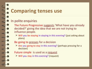 Comparing tenses use
In polite enquiries
The Future Progressive suggests 'What have you already
decided?‘ giving the idea that we are not trying to
influence people.
 Will you be staying in staying in this evening? (just asking about
plans)
Be going to presses for a decision
 Are you going to stay in this evening? (perhaps pressing for a
decision)
Future simple is used as a request
 Will you stay in this evening? (request)
 