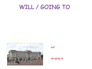 WILL / GOING TO
The simple Future has two different
forms in English: will and be going to.
Although the two forms can sometimes be
used interchangeably, they often express
two different meanings as mentioned
before.
I will probably go to London
next summer. (Not sure)
I am going to fly to London
next Saturday. 100%
 