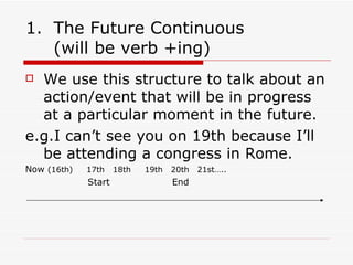 The Future Continuous  (will be verb   +ing) We use this structure to talk about an action/event that will be in progress at a particular moment in the future. e.g.I can’t see you on 19th because I’ll be attending a congress in Rome. Now  (16th)  17th  18th  19th  20th  21st….. Start  End 
