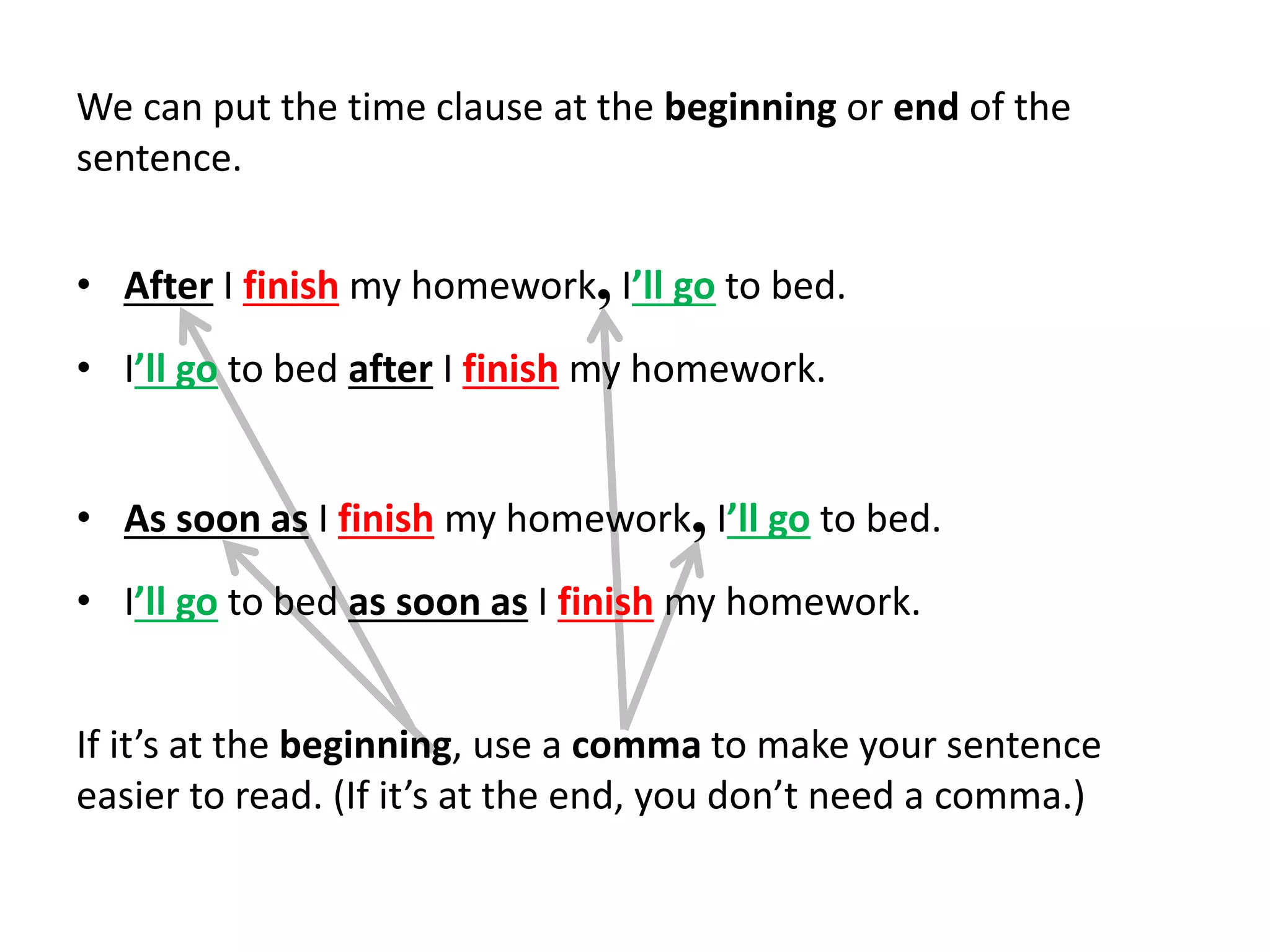 We can put the time clause at the beginning or end of the
sentence.
• After I finish my homework,I’ll go to bed.
• I’ll go to bed after I finish my homework.
• As soon as I finish my homework,I’ll go to bed.
• I’ll go to bed as soon as I finish my homework.
If it’s at the beginning, use a comma to make your sentence
easier to read. (If it’s at the end, you don’t need a comma.)
 